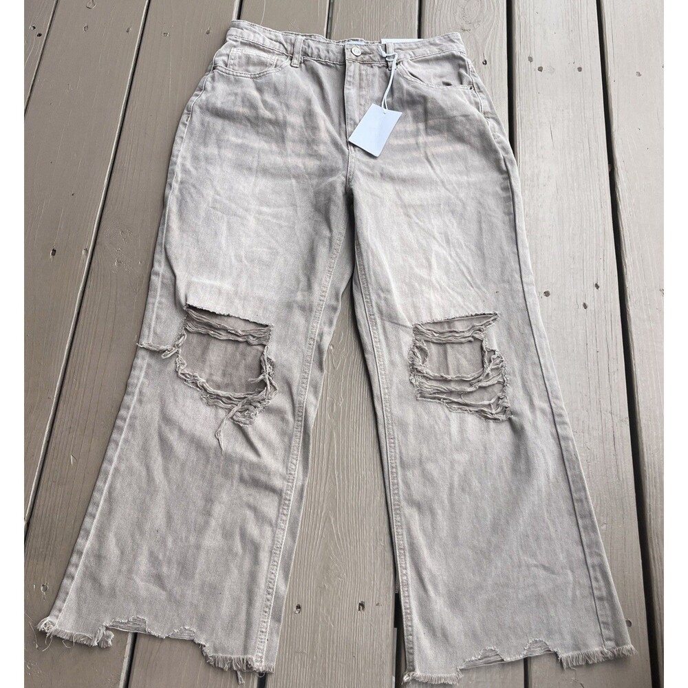 ZENANA Women MOCHA Light Brown Washed Distressed Wide Leg  Denim Size 29x25